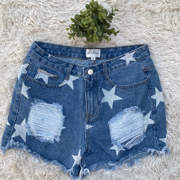 Love + Harmony Star Cutoff Jean Shorts 💗 Blue & White - Picture 3 of 10
